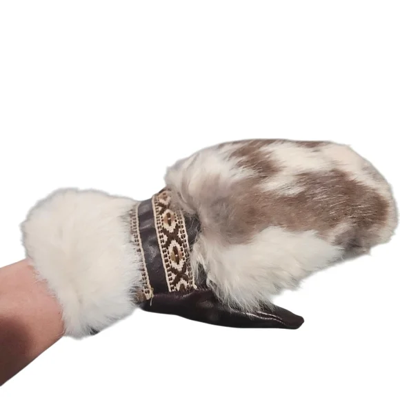 Luxury Vintage Leather & Fur Nordic Mittens Artisan Handmade Winter Gloves. - Picture 2 of 15